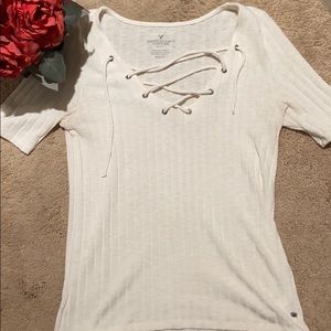 American Eagle Cream Ribbed Shirt with Tie Detail